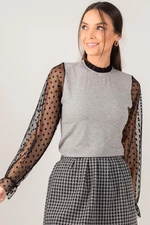 armonika Women's Grey-Black Sleeve And Collar Tulle Ribbed Knitwear Sweater