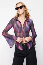 Trendyol Purple Special Textured Fitted/Fitted Printed Shirt Collar Stretch Knitted Blouse