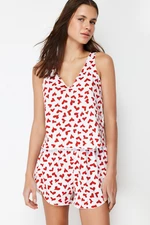 Trendyol White-Red 100% Cotton Heart Patterned Undershirt-Shorts Knitted Pajamas Set