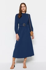 Trendyol Navy Blue Linen-Looking Woven Dress with a Stand-Up Collar with a Belt