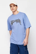 Trendyol Blue Oversize Custom Embroidered 100% Cotton T-Shirt