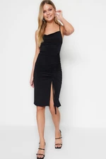 Trendyol Black Gather Detailed Body-Fitting Midi Degaje Collar Flexible Knitted Pencil Dress