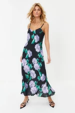 Trendyol Black Floral Print Straight Cut Strap Midi Satin Woven Dress