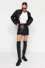 Trendyol Black Double Slit Woven Faux Leather Shorts Skirt