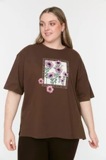 Trendyol Curve Brown Knitted Printed Knitted T-Shirt