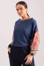 armonika Women's Dark Blue Sleeve Patterned Balloon Knitwear Sweater