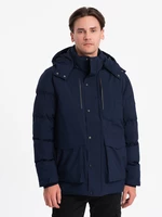 Ombre Men's winter jacket with detachable hood and cargo pockets - navy blue