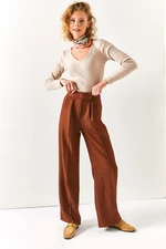 Olalook Women's Brown High Waist Winter Pants with Velcro Waist