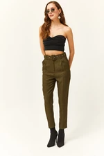 Olalook Women's Green Belted Pocket Winter Carrot Trousers