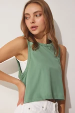 Happiness İstanbul Women's Teak Green Cotton Halterneck Crop T-Shirt