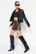 Trendyol Dark Brown Eyelet Detailed Faux Leather Woven Short Skirt