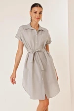 By Saygı Belted Waist, Short Sleeves and Buttons Front Striped Seersucker Dress Gray