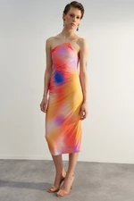 Trendyol Multicolored Printed Fitted Midi One-Shoulder Stretch Knit Dress