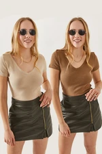 Olalook Women's Camel-Stone V-Neck Short Sleeved 2-pack Blouse