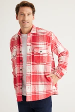 AC&Co / Altınyıldız Classics Men's Red Ecru Oversize Loose Cut Button Collar Checked Winter Shirt Jacket