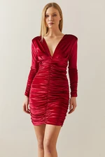 XHAN Burgundy Watermelon Sleeve Padded & Draped Velvet Dress