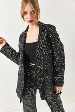 armonika Women's Black Sequined Oversized Lined Jacket