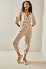 XHAN Stone Colored Jumpsuit with a Belted Waist 3YXK6-47404-56