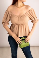 armonika Women's Beige Madonna Collar Blouse With Elastic Waist And Sleeves armonika Women's Beige Madonna Collar Blouse With Elastic Waist And Sleeves