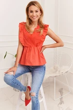 Lady's summer blouse with embroidered front, coral