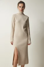 Happiness İstanbul Women's Beige Turtleneck Slit Knitwear Dress