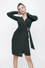 By Saygı Double-breasted Collar Lined With Buckle Waist, Long Sleeve Glittery Dress Green