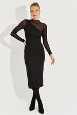 Cool & Sexy Women's New Year Black Tulle Detailed Asymmetrical Midi Dress