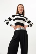 Lafaba Women's Black Striped Lycra Crop Knitwear Sweater