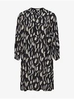 Fransa Cream-Black Patterned Shirt Dress with Three-Quarter Sleeves Fra - Women