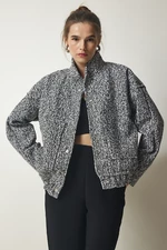 Happiness İstanbul Women's Dark Gray Oversized Boucle Jacket with Snap fastener