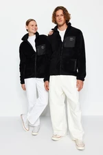 Trendyol Black Unisex Stand Up Collar Zippered Pocket Detailed Plush Cardigan-Sweatshirt. Trendyol Black Unisex Stand Up Collar Zippered Pocket Detailed Plush Cardigan-Sweatshirt.