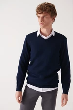 Avva Men's Navy Blue V Neck Wool Blended Regular Fit Knitwear Sweater