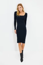 Trendyol Navy Blue Square Neckline Fitted Long Sleeve Midi Twill Stretch Knit Dress