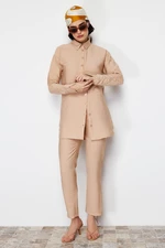 Trendyol Stone Sleeve Shirred Aerobin Shirt Trousers Woven Bottom Top Suit