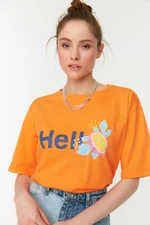 Trendyol Orange 100% Cotton Slogan Printed Relaxed/Wide, Comfortable Cut Crewneck Knitted T-Shirt Trendyol Orange 100% Cotton Slogan Printed Relaxed/Wide, Comfortable Cut Crewneck Knitted T-Shirt