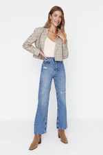 Trendyol Blue Ripped Detailed High Waist Long Straight Jeans