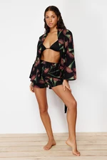 Trendyol Floral Pattern Belted Woven 100% Cotton Kimono Shorts Suit