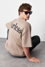 Trendyol Mink Oversize Text Printed Thick 100% Cotton T-Shirt