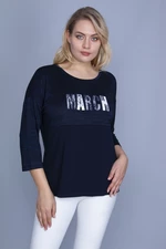 Şans Women's Plus Size Navy Blue Embroidery And Stone Detailed Top Silvery Blouse