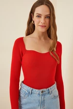 Happiness İstanbul Women's Red Heart Neck Ribbed Knitwear Sweater