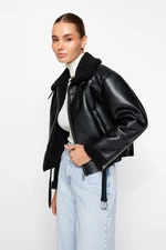 Trendyol Black Plush Detailed Faux Leather Biker Jacket Coat