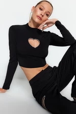 Trendyol Black Fitted Stone Print Window/Cut Out Detail Crop Knitted Blouse
