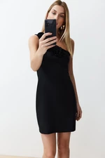 Trendyol Black A-line One Shoulder Rose Detailed Mini Woven Dress