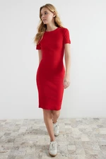 Trendyol Red Crew Neck Ribbed Stretchy Knitted Midi Pencil Dress