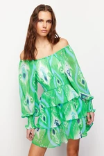 Trendyol Green Floral Skater Carmen Neckline Chiffon Lined Mini Woven Dress