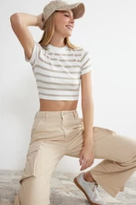 Trendyol Premium Stone Ecru Striped Viscous/Soft Fabric Crop Crew Neck Stretchy Knitted Blouse