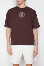 Trendyol Brown Oversize/Wide-Fit 100% Cotton T-shirt with Text Embroidery