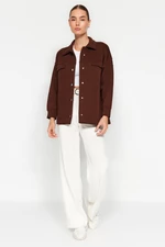 Trendyol hnedá oversize/wide fit polo bunda s vreckami a gombíkmi, fleecová vnútorná pletená bunda
