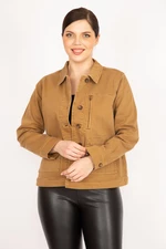 Şans Women's Camel Plus Size Gabardine Fabric Front Buttoned Zipper And Pocket Detailed Coat