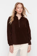 Trendyol Brown Zipper Detail Fleece Knitted Sweatshirt